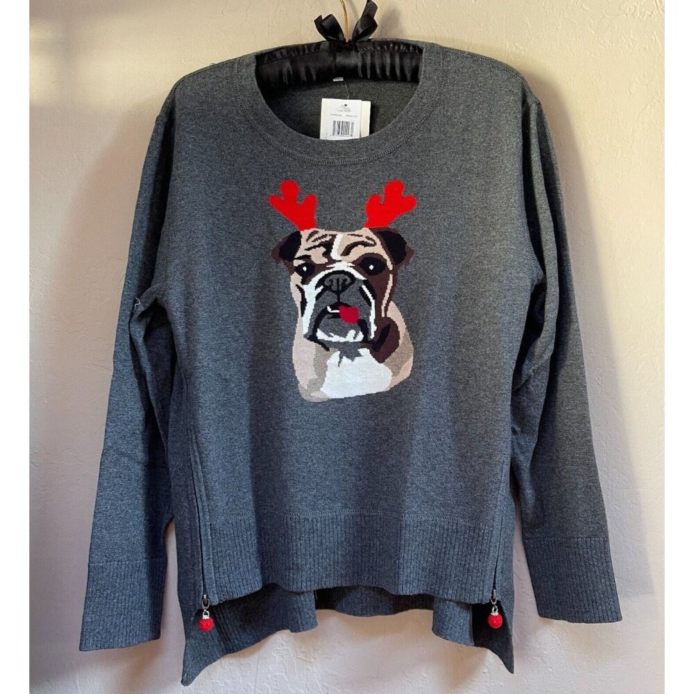 New Lisa Todd Womens Holiday Bulldog Cashmere Blend Pullover Sweater PXL Gray